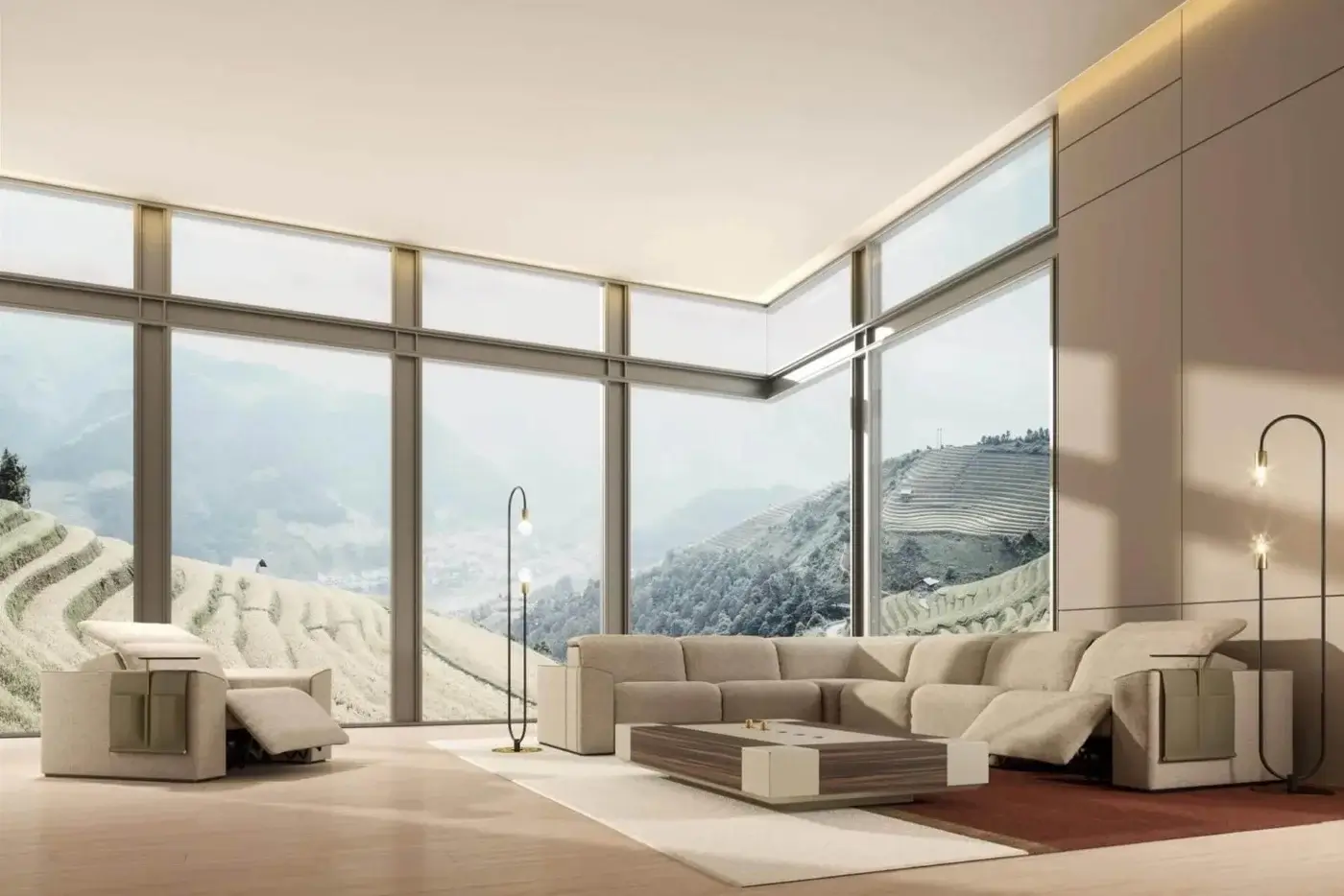 Elegant Vismara Kubrik sectional with double reclining mechanism built in light beige woven textile