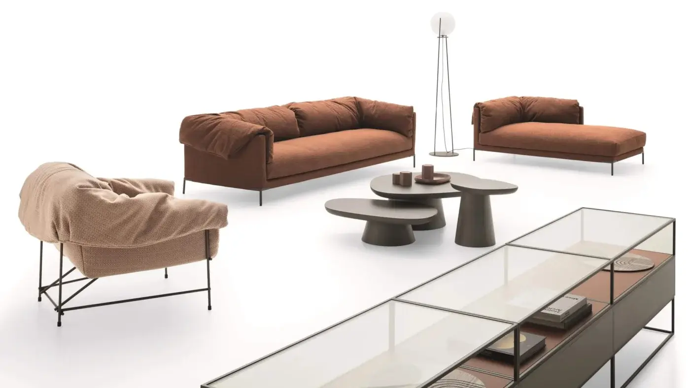 Superior Ditre Italia Drop sofa with draped fabric effect upholstered in brown textile and minimalist black metal legs
