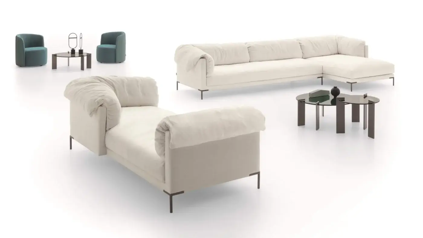 Exceptional Ditre Italia Drop chaise lounge in light beige fabric with matte finish and slender dark metal legs