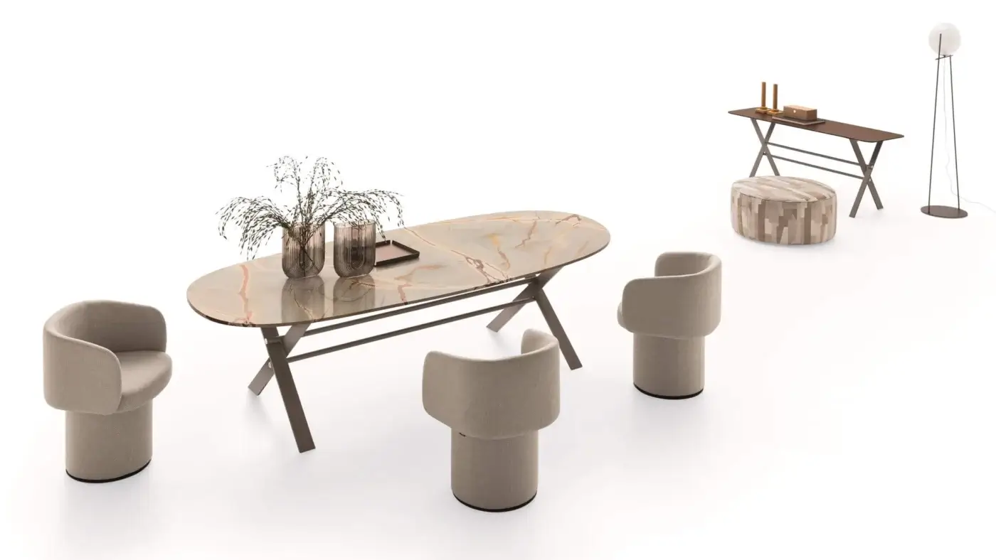 Distinguished Ditre Italia Billie table with beige, cream and gold swirling marble-like top and muted bronze matte metal base
