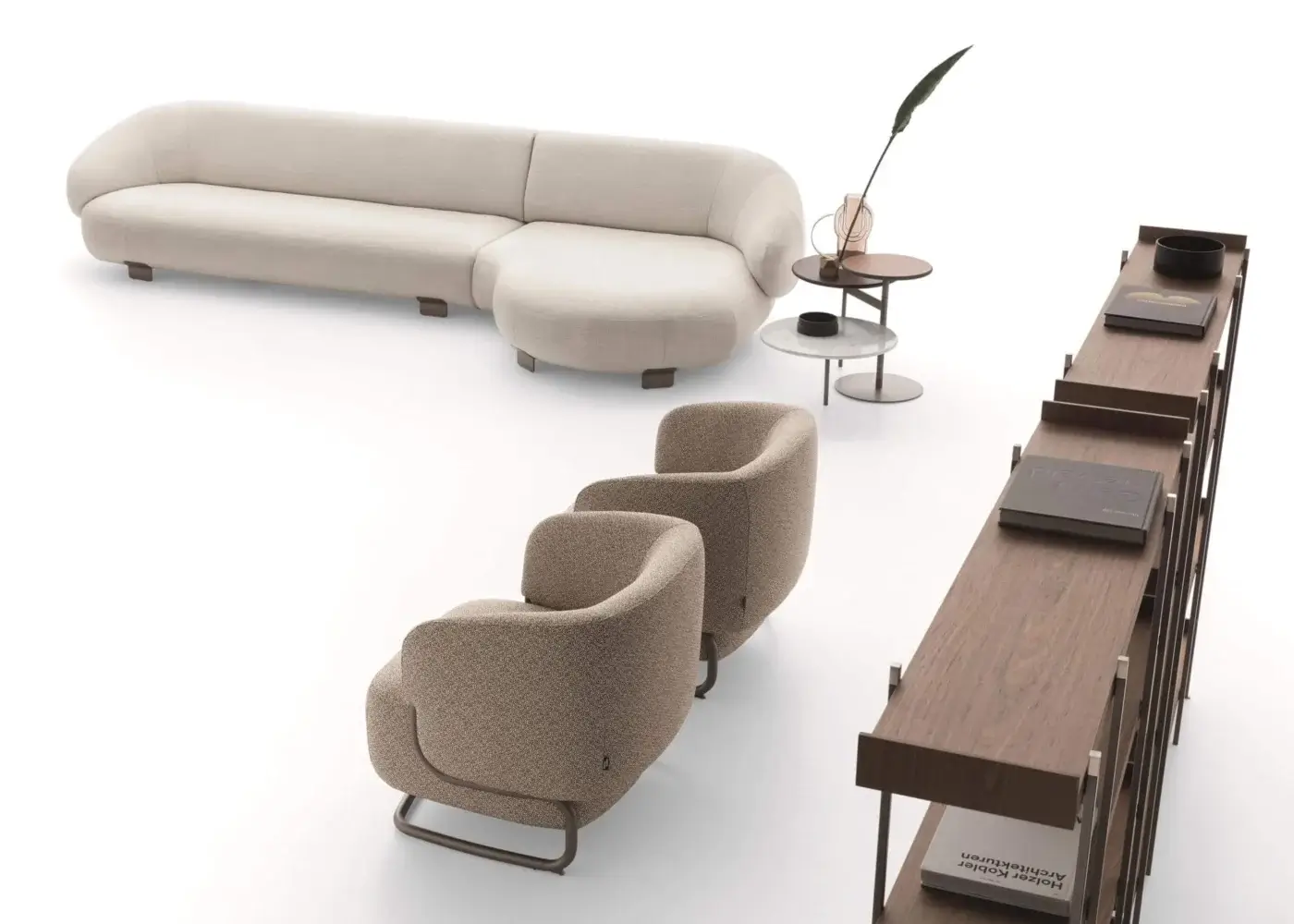 Innovative Ditre Italia Pacific sectional presents a curved silhouette built with light beige woven textile and matte finish