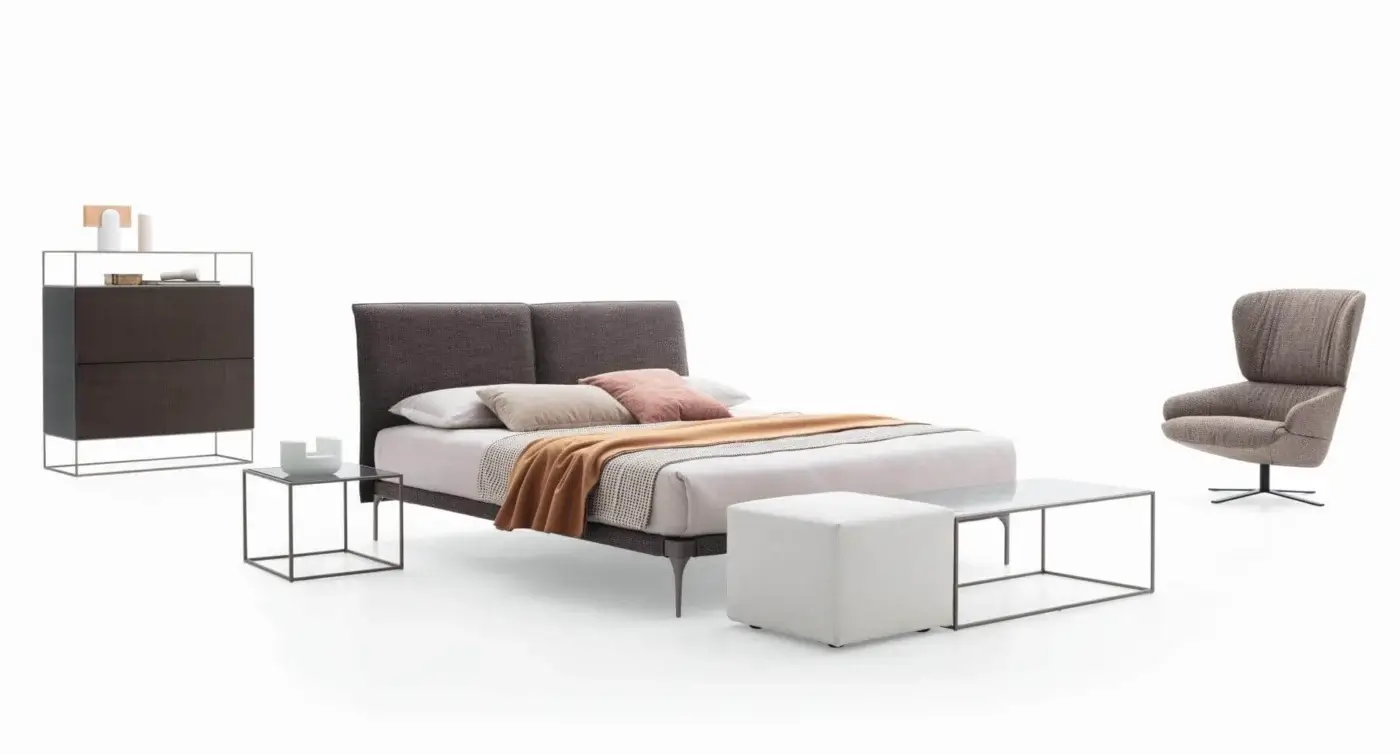 Superior Ditre Italia Ada bed with a slimline headboard upholstered in medium brown woven textile and thin dark metal legs