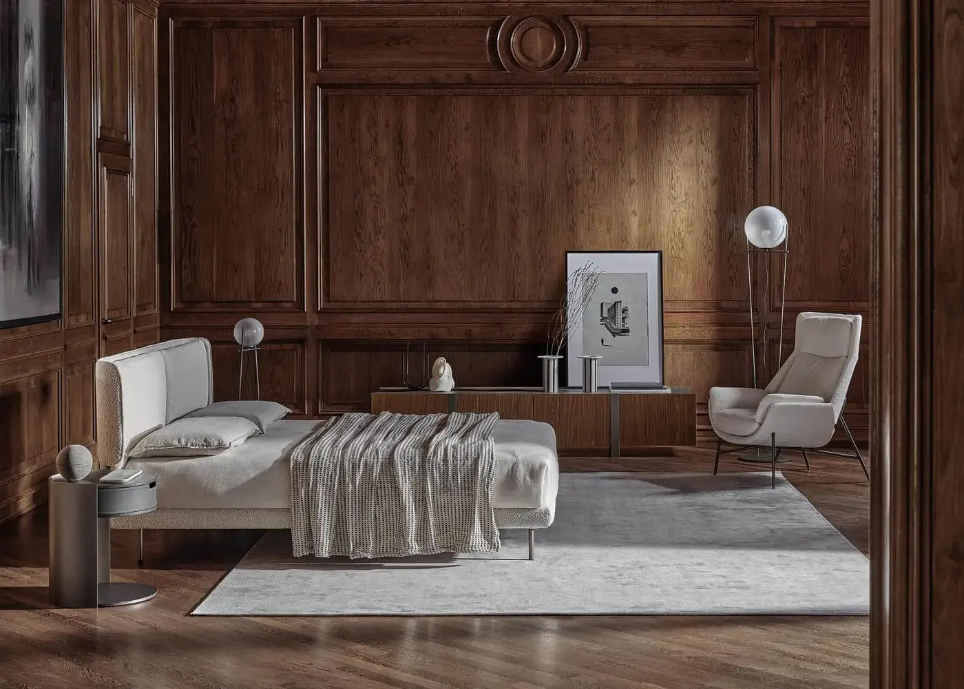 Elegant Ditre Italia Skin bed with light grey plush fabric upholstery and tufted headboard construction