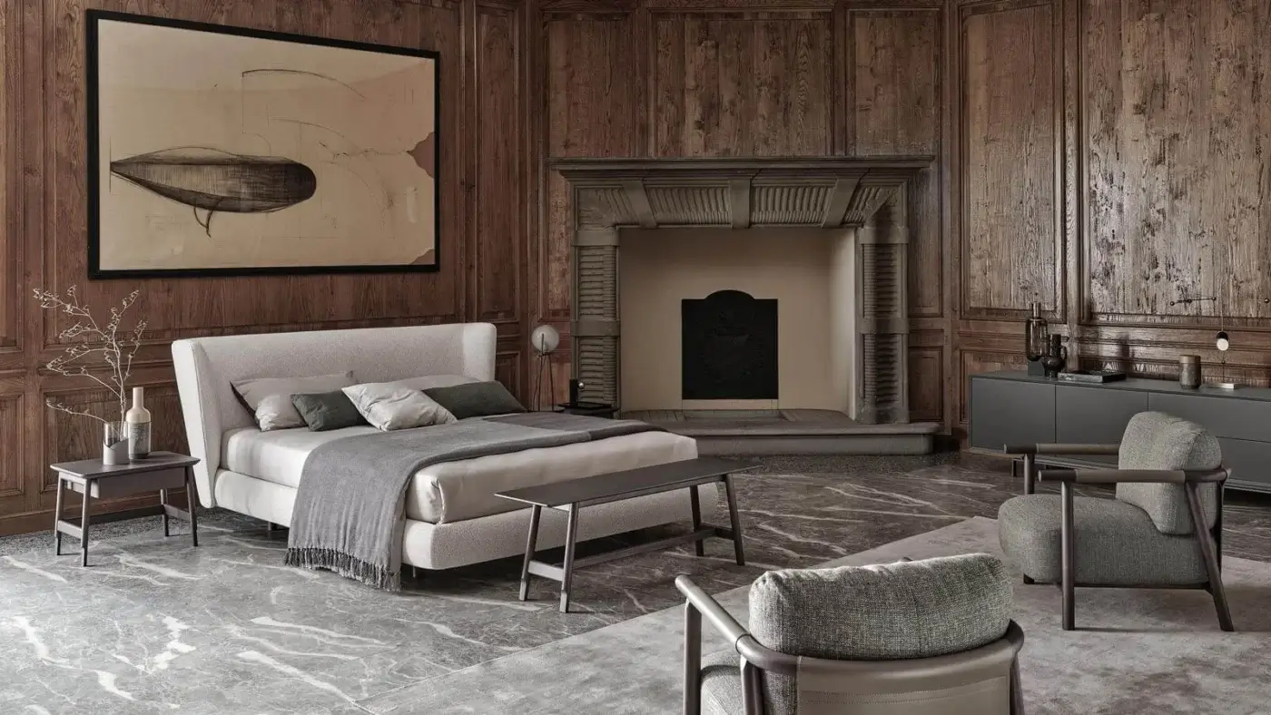 Elegant Ditre Italia Royal bed with light beige textile upholstery and a soft rectangular silhouette