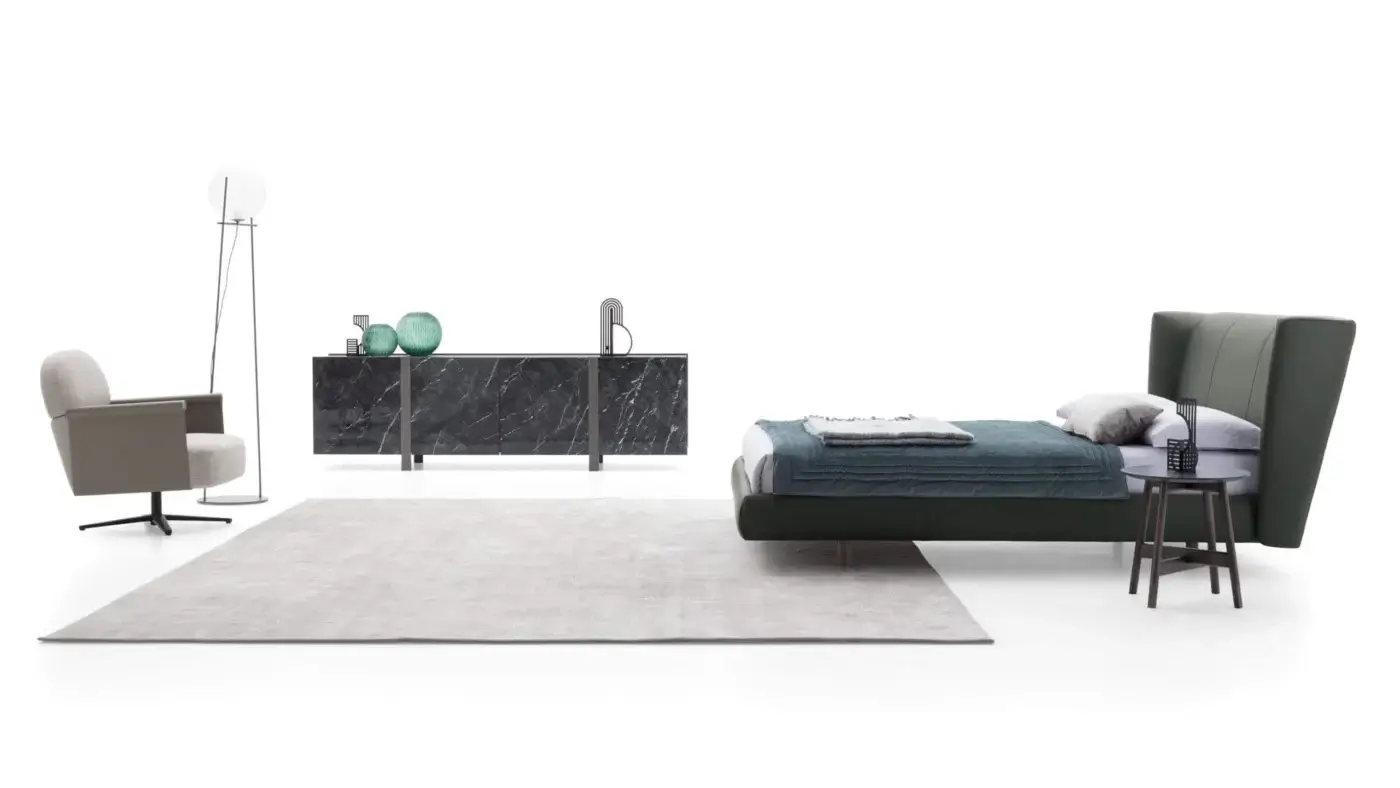 Exclusive Ditre Italia Royal bed with dark olive green textile or synthetic leather upholstery and matte finish