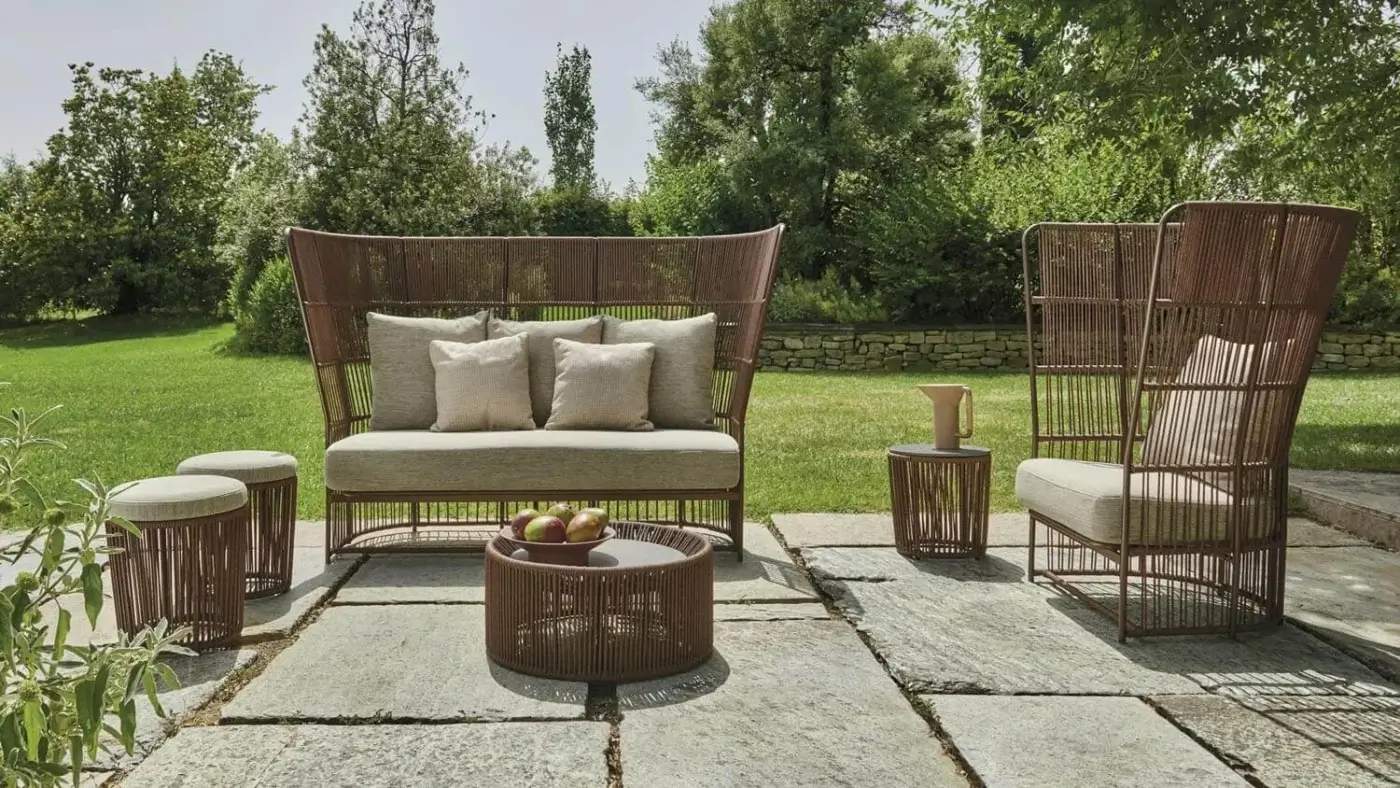 Distinguished Varaschin Tibidabo ottoman with medium brown handwoven texture and weatherproof powder-coated aluminum structure