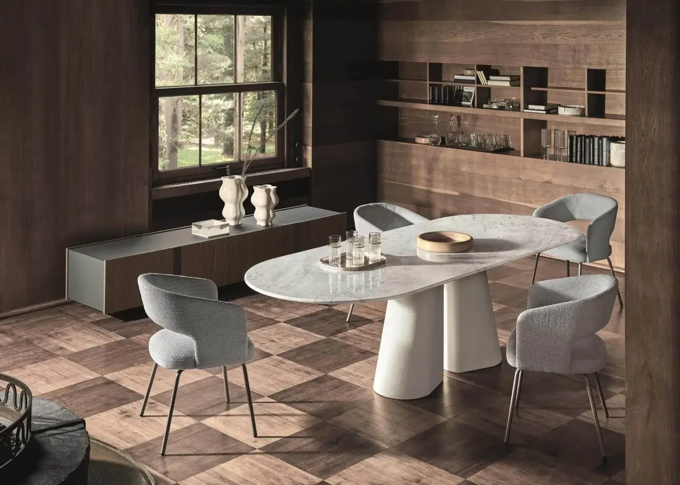 Sophisticated Ditre Italia Pillar table with a minimalist oval tabletop and sculptural cylindrical base in a light marble-like finish