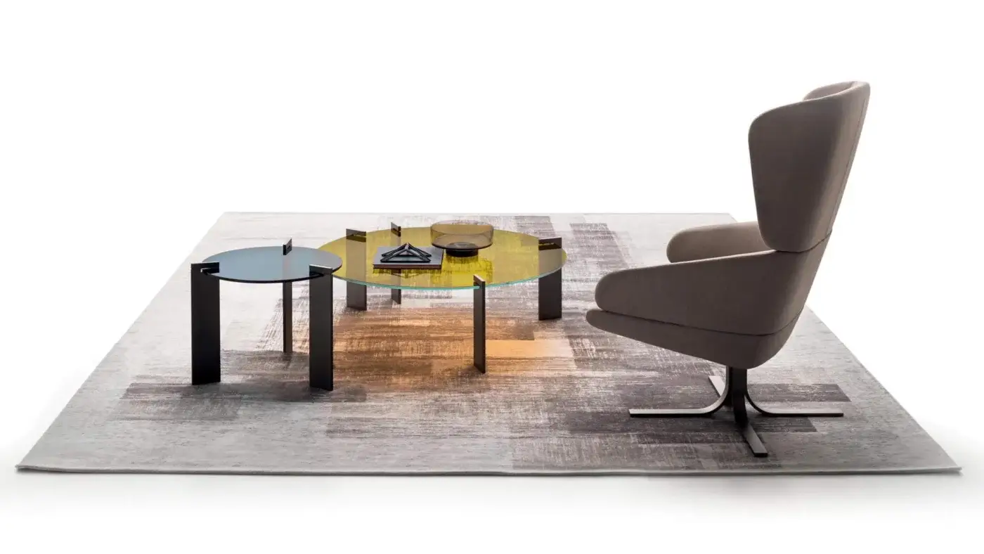 Distinguished Ditre Italia Aulos coffee table with a round transparent dark blue glass top and varnished metal legs