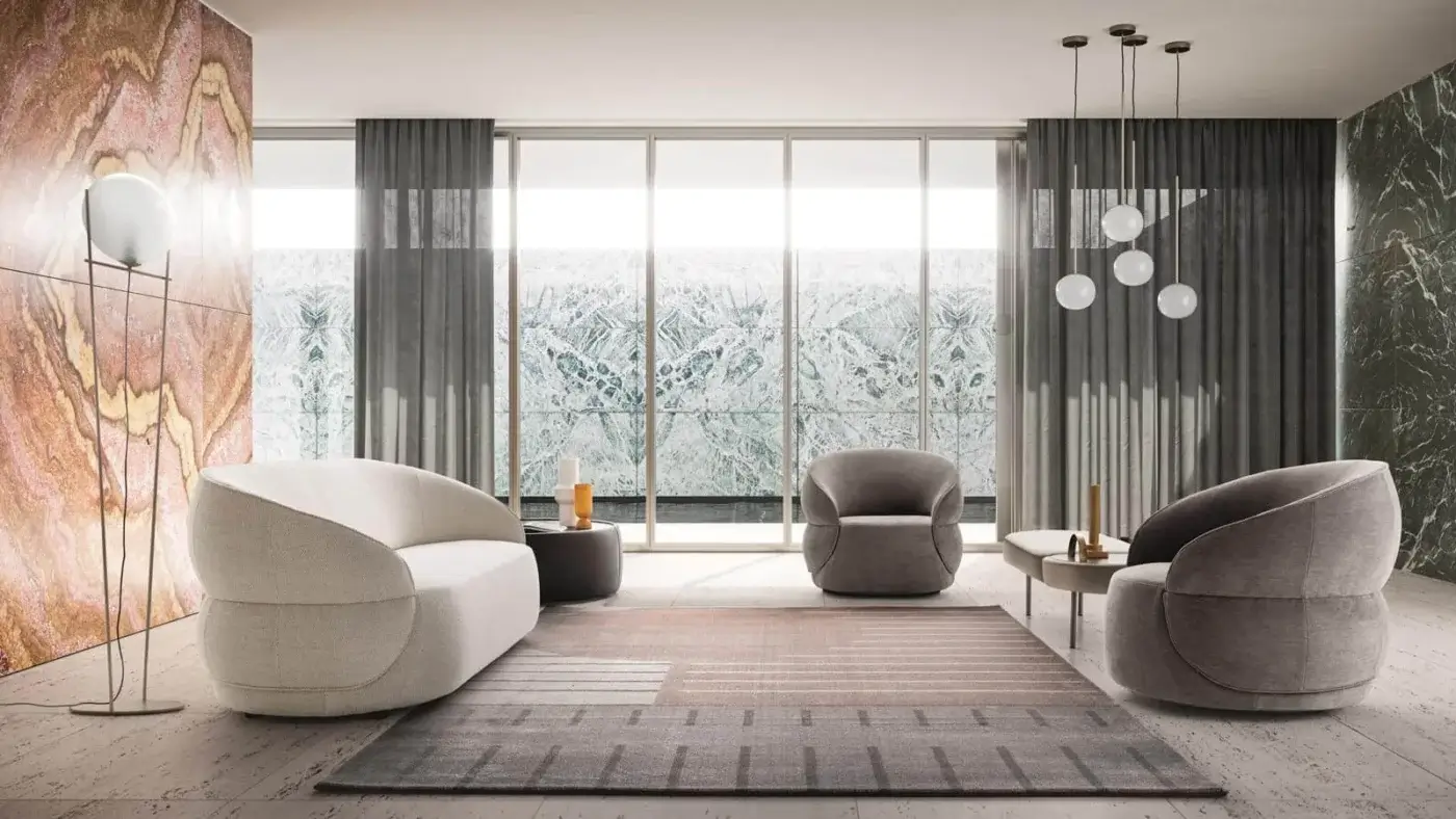Sophisticated Ditre Italia Clip lounge chair in cool matte gray textile with soft curved lines and balanced form