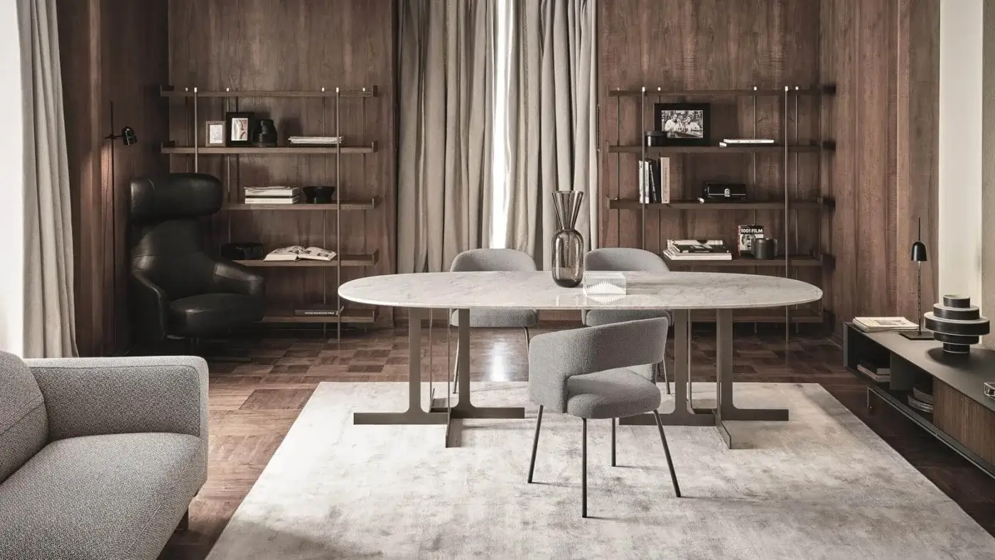 Distinguished Ditre Italia Eric TV stand with oval top exhibiting marble pattern and matte metal frame built with T-branching legs
