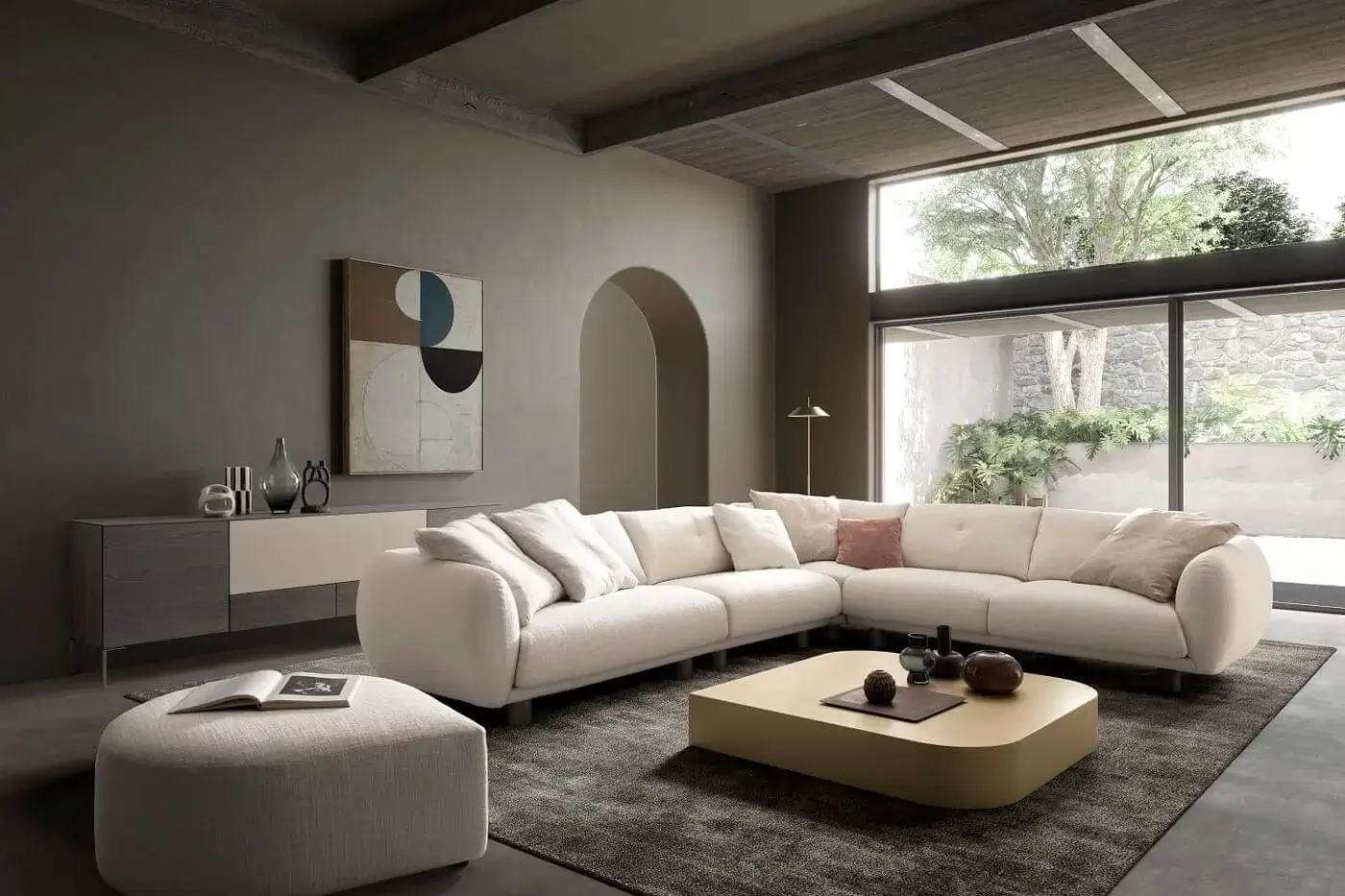 Elegant Presotto Drop ottoman with simple geometric form upholstered in light beige textile and matte finish
