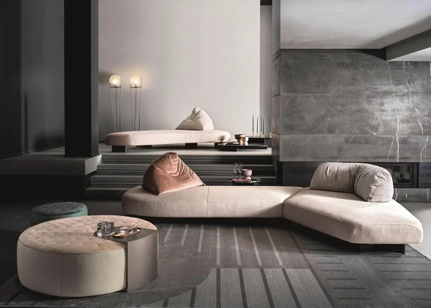 Superior Ditre Italia Clip ottoman with quilted seat and leather base in light beige textile with smooth finish