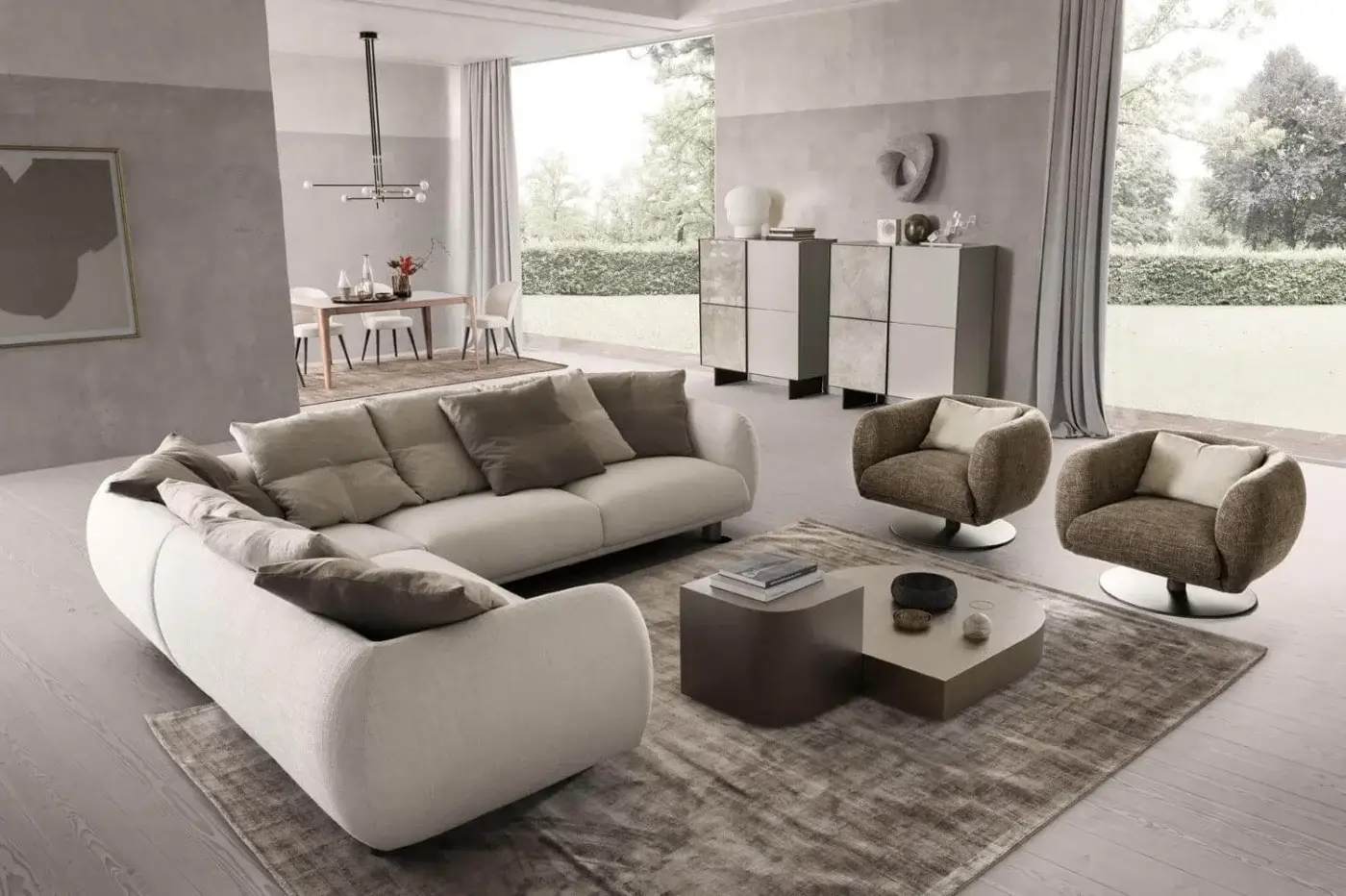 Lavish Presotto Bali lounge chair crafted in textured brownish-gray textile with a Peltro painted base