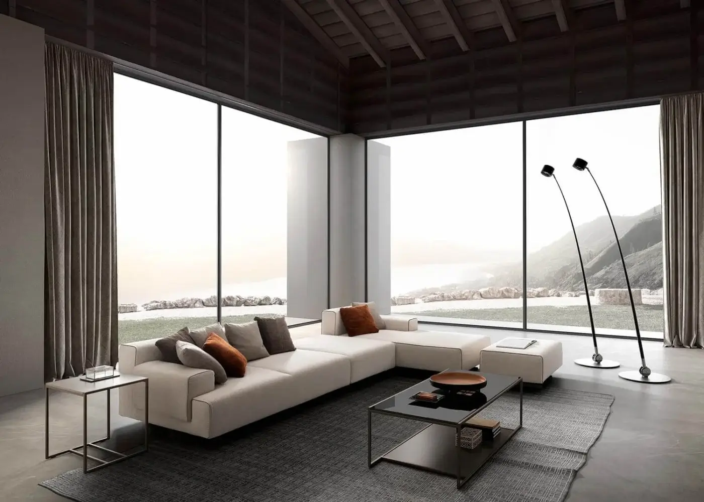 Sophisticated Presotto Leros sectional with removable fabric covers, light beige textile and contrasting brown rust cushions, plus peltro varnished feet