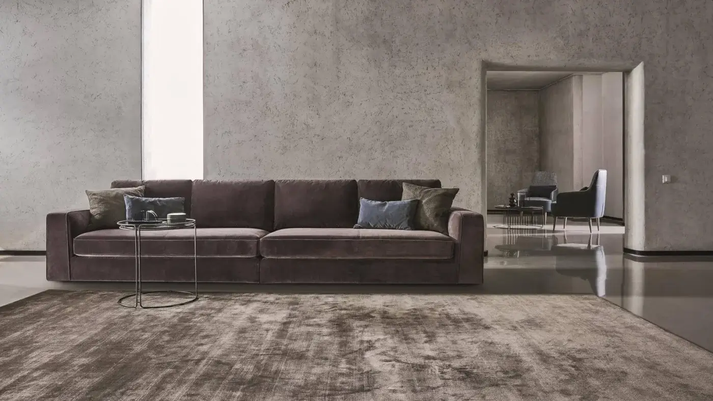 Exceptional Ditre Italia Loman sofa with removable fabric covers and customized rear supports in dark brown textile with light brown and blue cushions