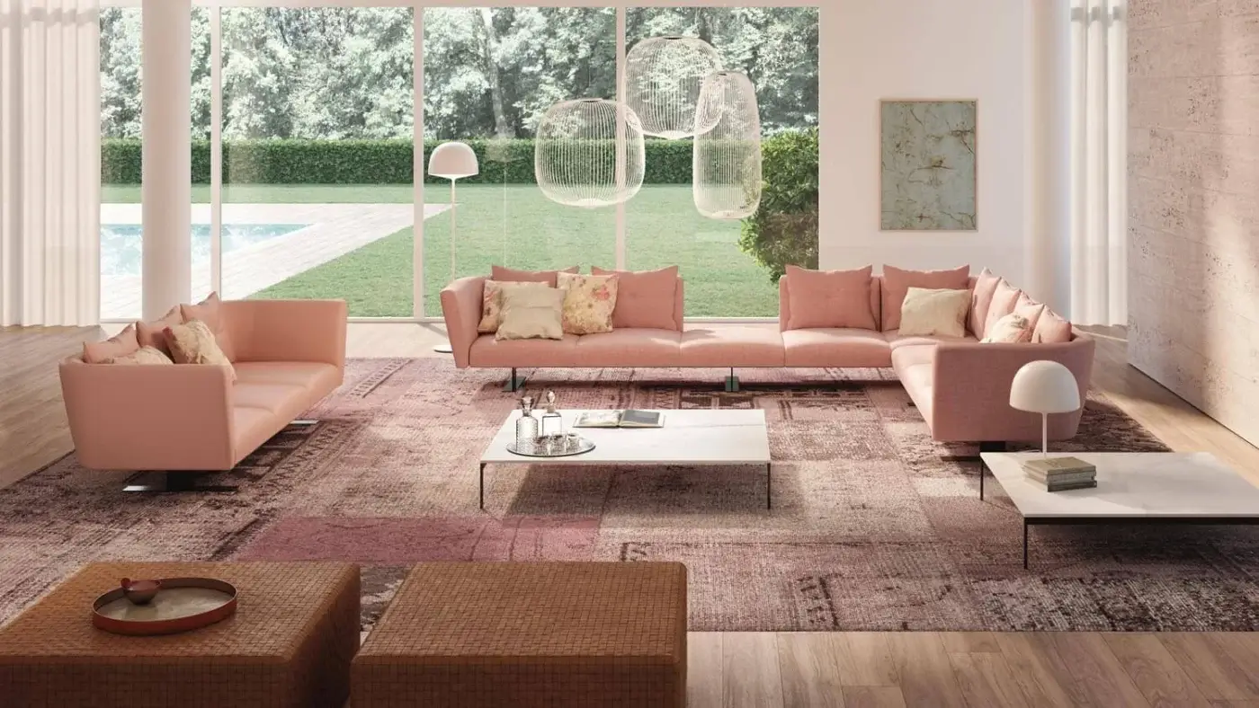 Distinguished Presotto Saint Barth sectional with light salmon textile upholstery and refined Peltro finish base
