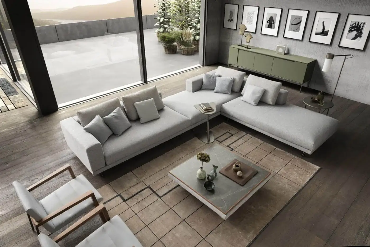 Presotto Sanmarino sectional, light gray fabric, L-shaped modular sofa in modern living room with green console and brass lamp.
