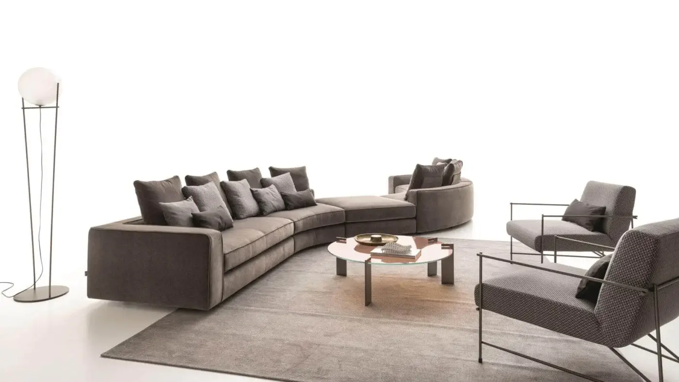 Superior Ditre Italia Kyo lounge chair with a curved form upholstered in medium-brown textile boasting a matte finish
