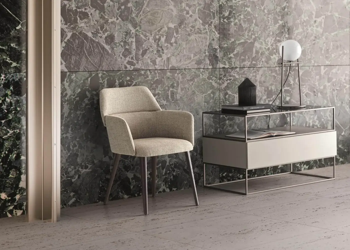 Harmonious Ditre Italia Unit sideboard with glass showcases, doors and drawers built on a metallic toned frame in light gray synthetic material with matte finish