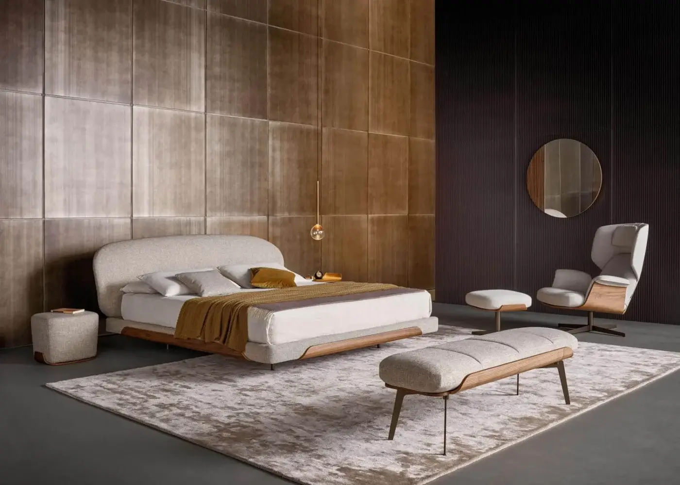 Exceptional Bonaldo Olos bed crafted in light beige textile upholstery with curved Canaletto Walnut wood and matt varnished metal feet
