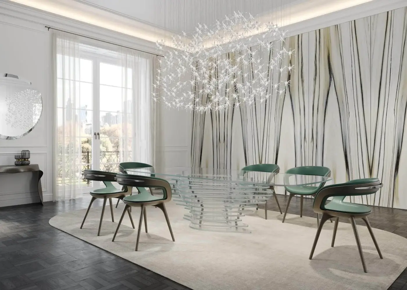 Superior Reflex Angelo Dune table with transparent extra-clear glass top and geometrically layered glass base crafted with polished edges