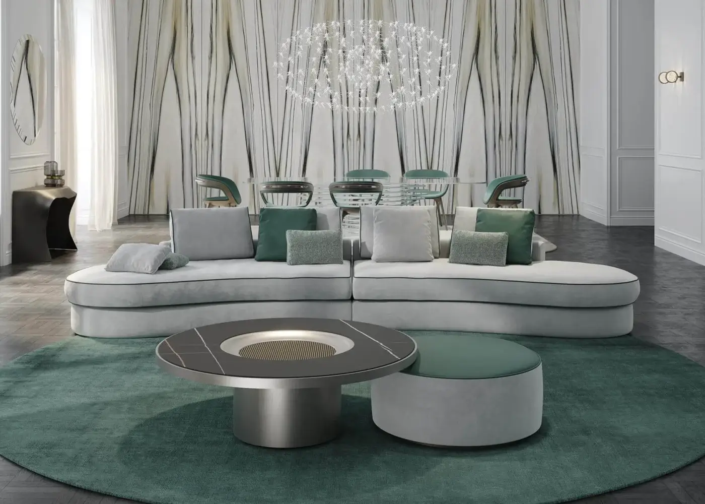 Innovative Reflex Tau Steel Therasia coffee table with dark gray veined marble glass and mesh glass insert in a brushed metallic finish