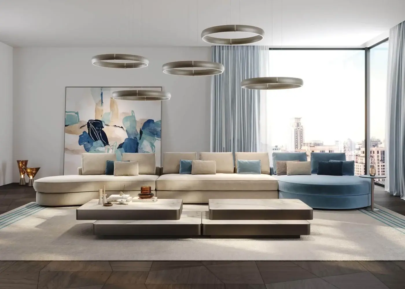 Exclusive Reflex Slide coffee table with a light Marble glass top and sleek dark lacquered metallic structure