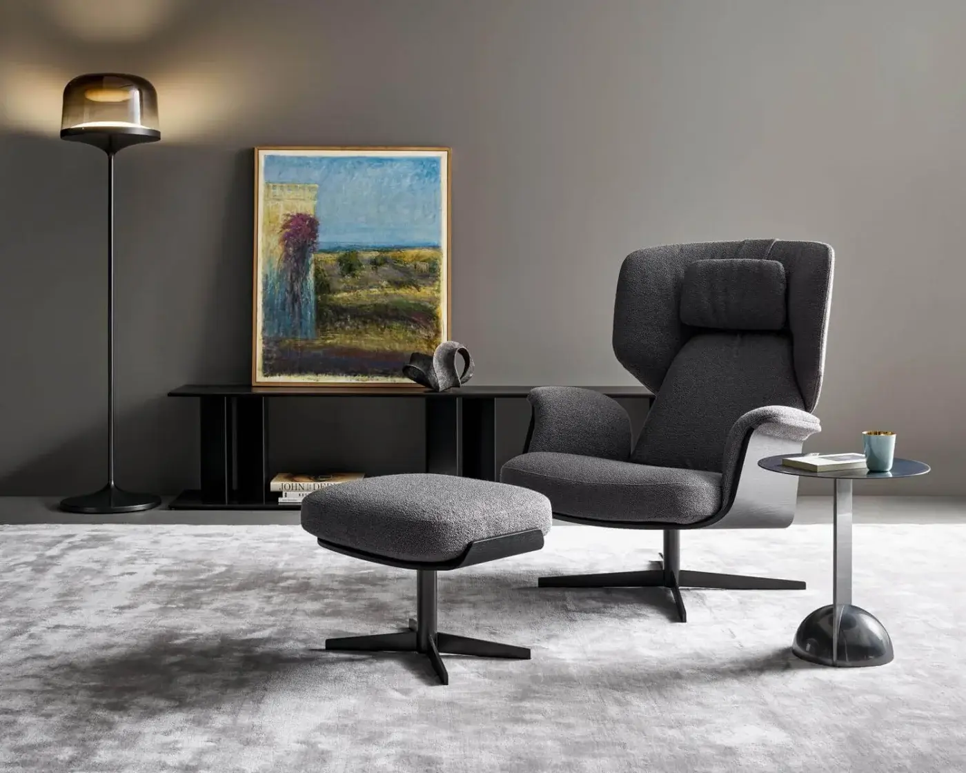 Exceptional Bonaldo Olos lounge chair with coal oak structure and textured gray textile upholstery in matt painted metal