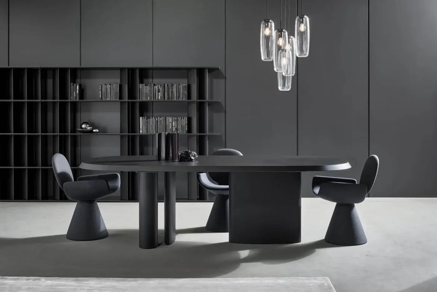 Distinguished Bonaldo Padiglioni table with veneered wood top and base in matte dark gray finish and asymmetrical elements