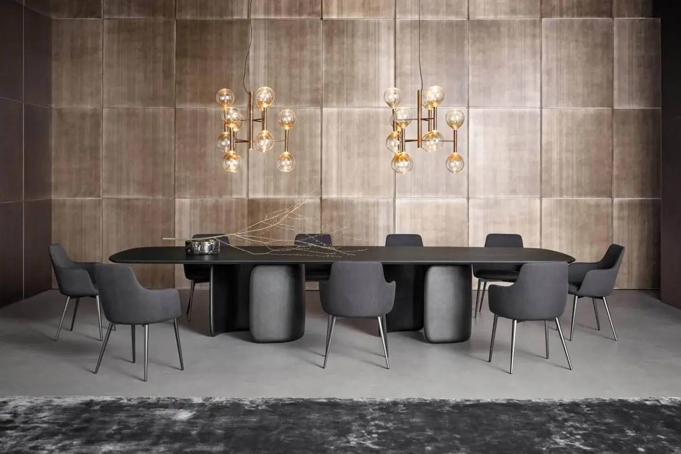 Sophisticated Bonaldo Mellow 400 table with interlocking high-density polyurethane base and brushed Coal oak veneered tabletop finish