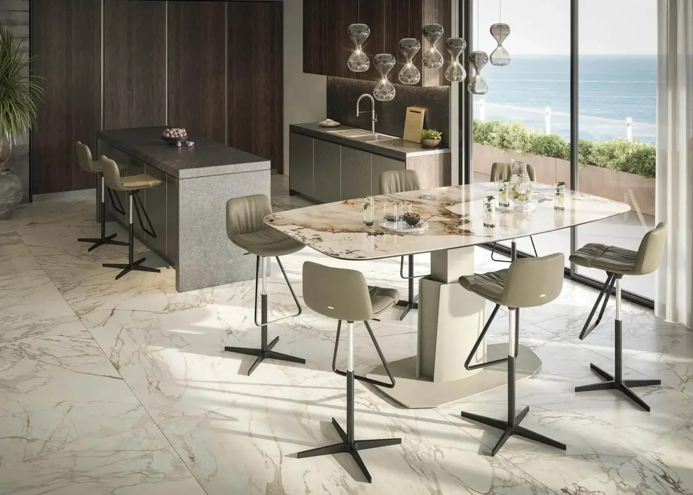Elegant Cattelan Italia Aviator Keramik lift table with glossy cream and brown Keramik top and matte cream steel base
