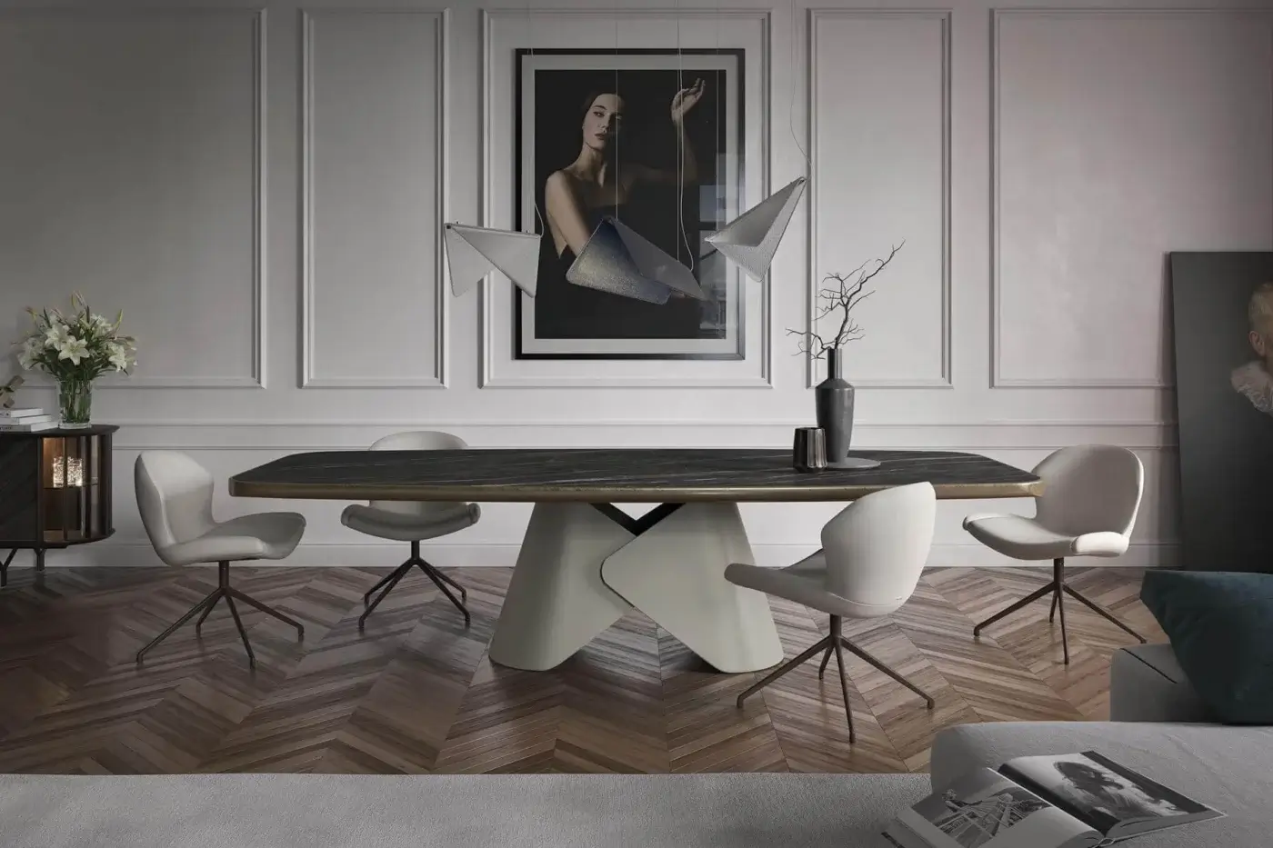 Exceptional Cattelan Italia Scott Keramik table with sculptural overlapping metal and dark marble-effect ceramic top