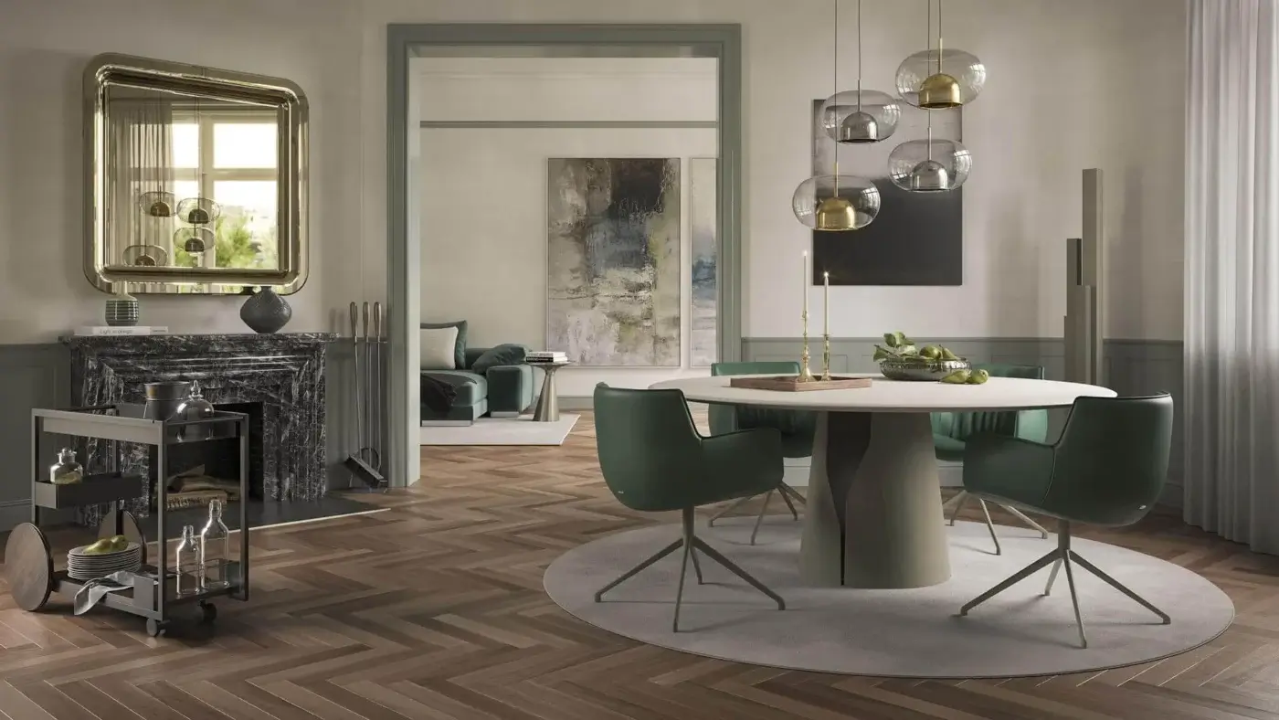 Exclusive Cattelan Italia Giano table with round spatulate clay top and curved pedestal base in a light beige finish