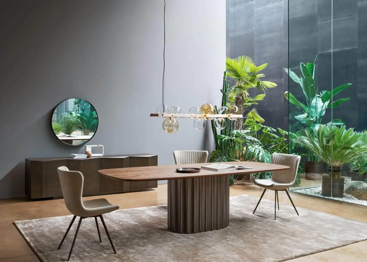 Refined Bonaldo Dorian table with shaped wood top and sculptural grooved base in medium brown matte finish