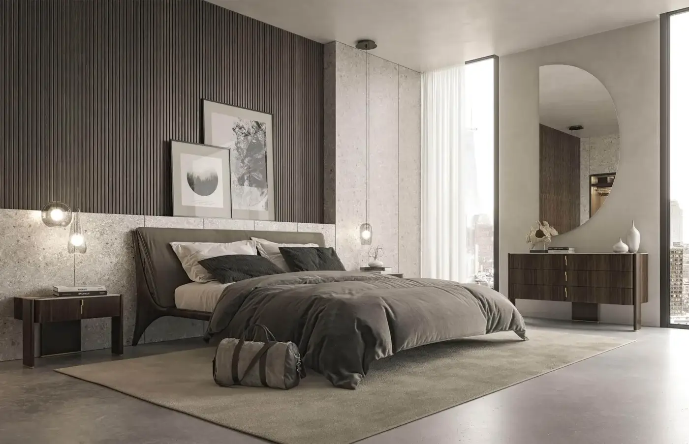 Distinguished Cattelan Italia Julian dresser crafted with dark wood, ceramic, and steel displaying brass handles