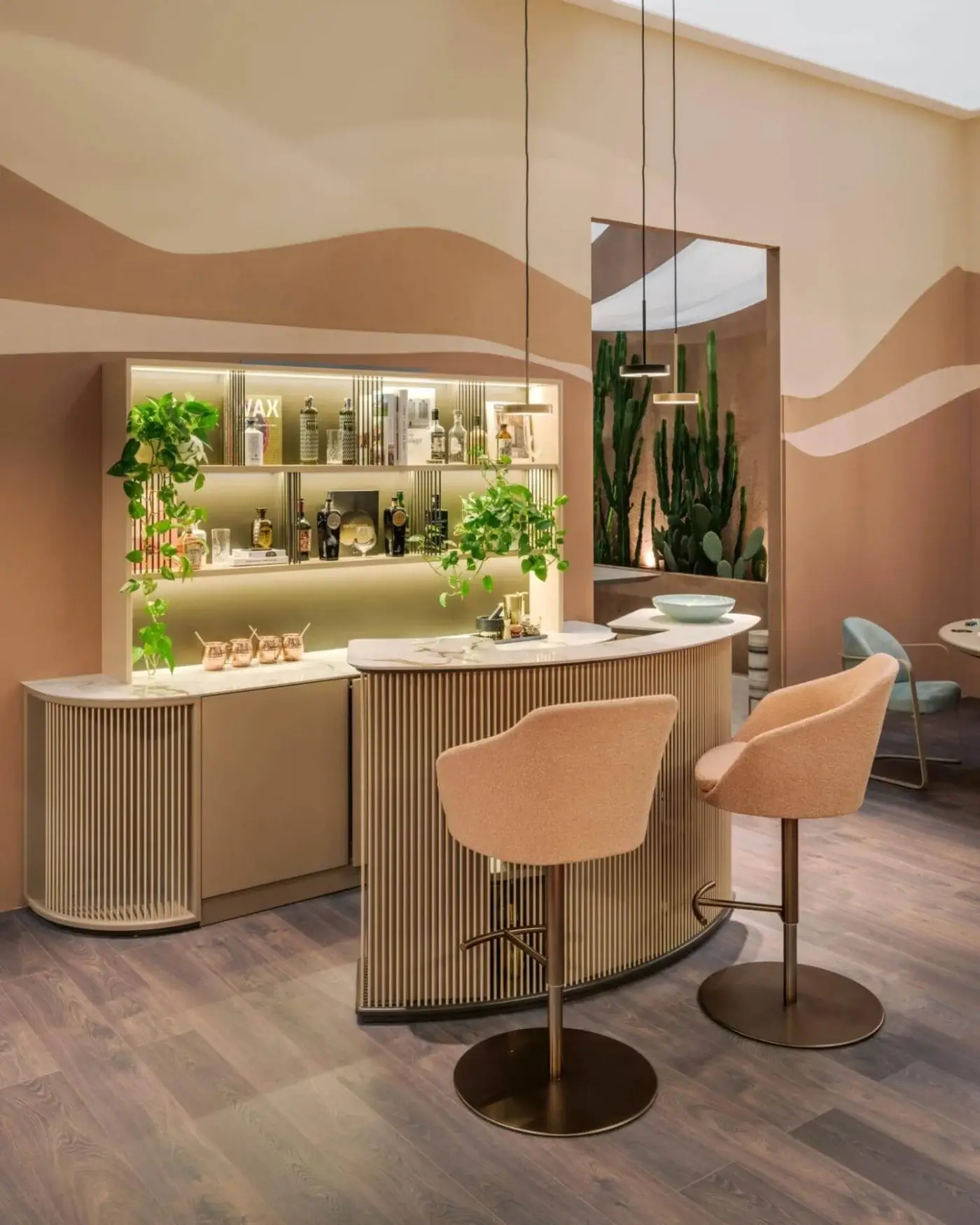 Superior Vismara Dry Bar wall unit and counter with lacquered shelves, integrated lighting, and a light marbled synthetic countertop