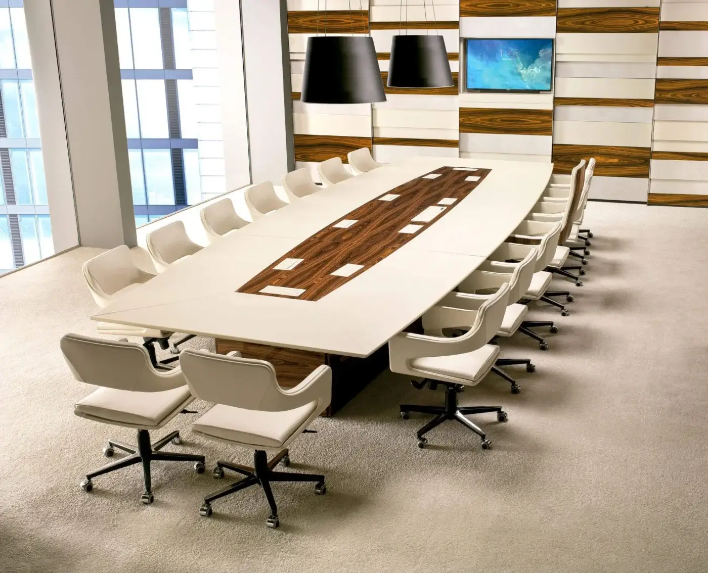 Exclusive 4 Mariani President Conference table with black melamine and darker wood veneer, complemented by saddle leather detailing