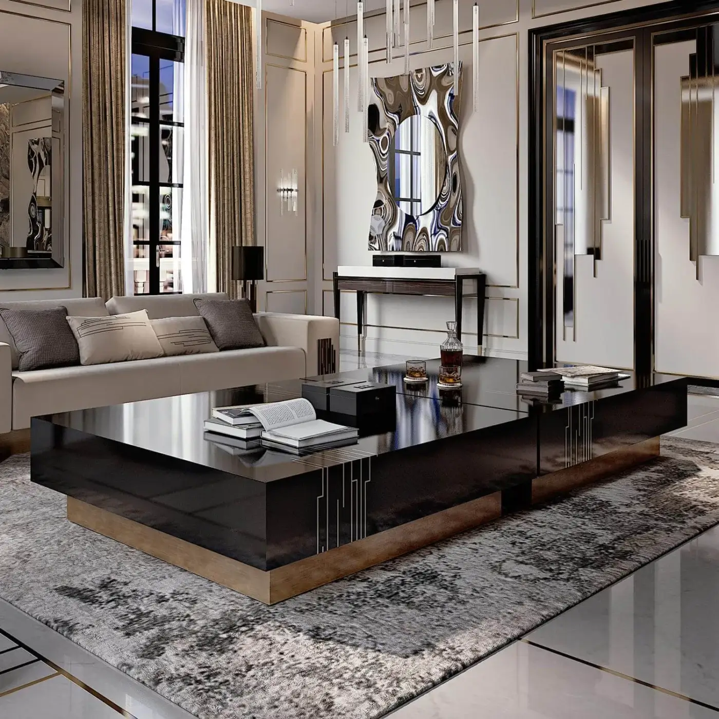Exclusive Reflex Belle Epoque coffee table with nero beluga lacquered glass tabletop and satin brass finished wooden base