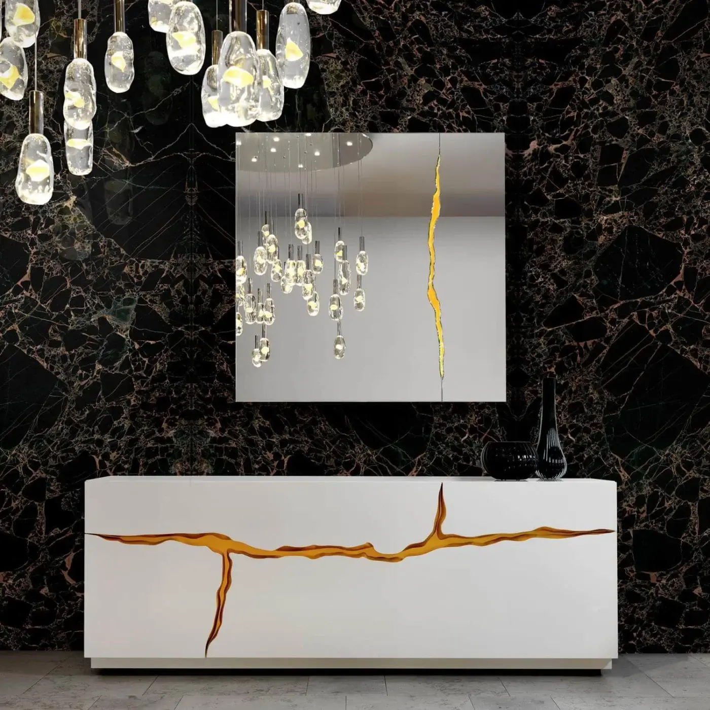 Lavish Reflex Impact sideboard with a high-gloss lacquered white finish and fractured gold-toned accent
