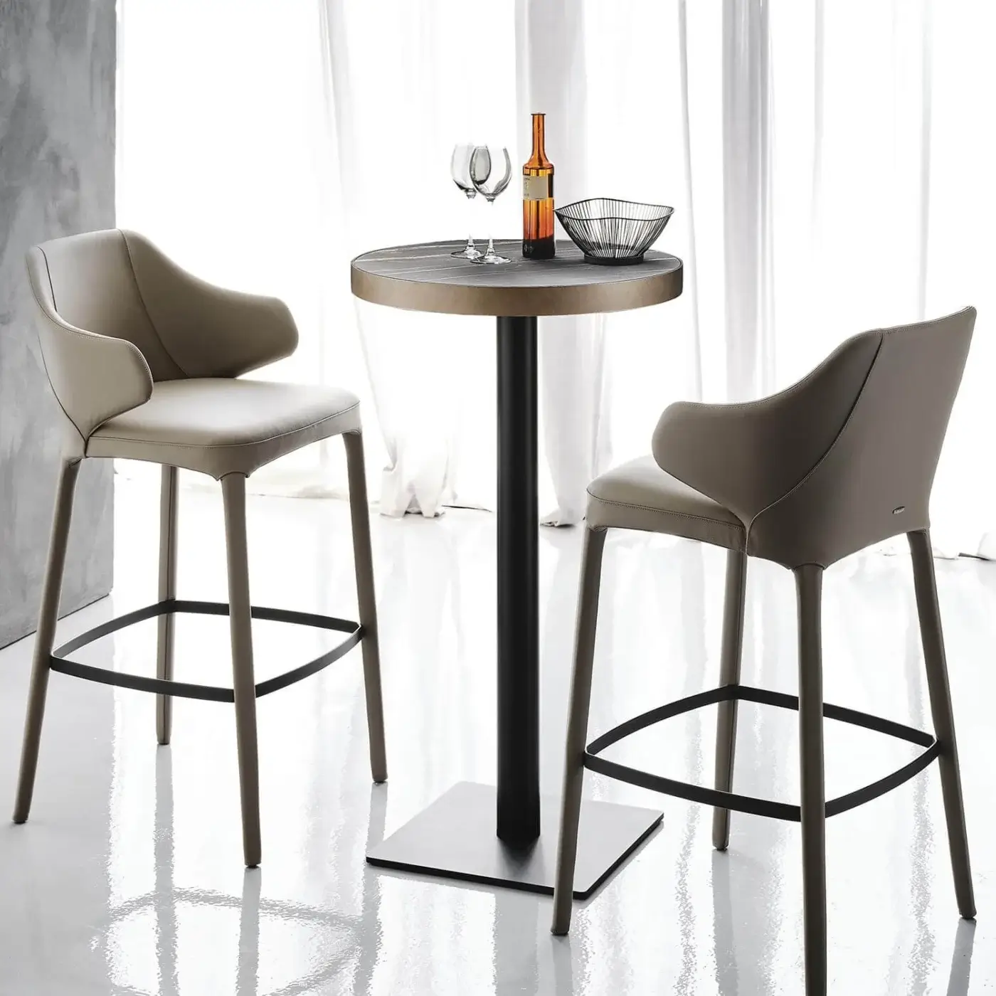 Elegant Cattelan Italia Ribot bar table with Marmi Ardesia ceramic top and dark gray-black embossed lacquered steel base in matte finish