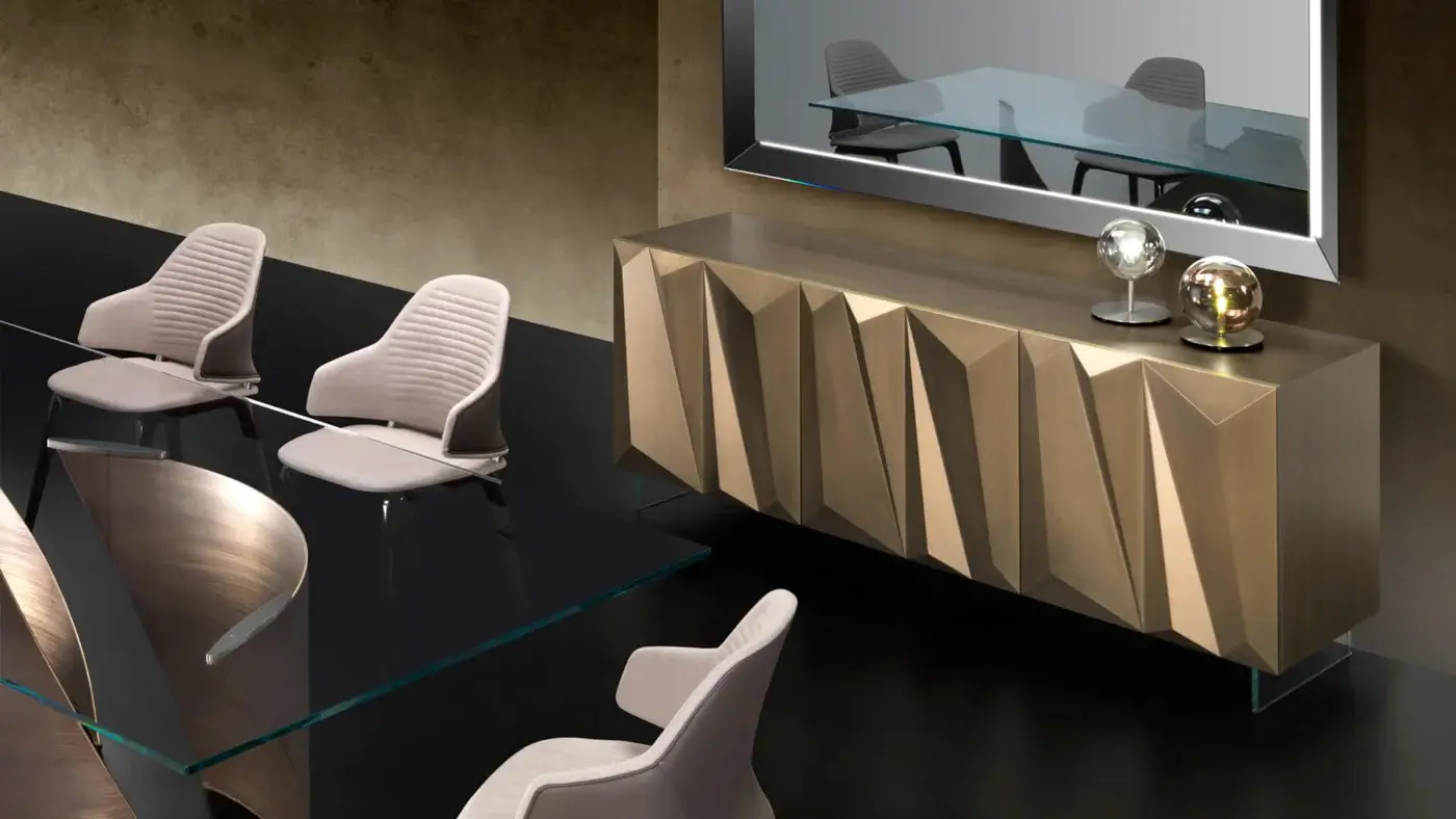 Distinguished Reflex Quartz sideboard with a geometric facade and transparent glass base in metallic lacquered bronze tones