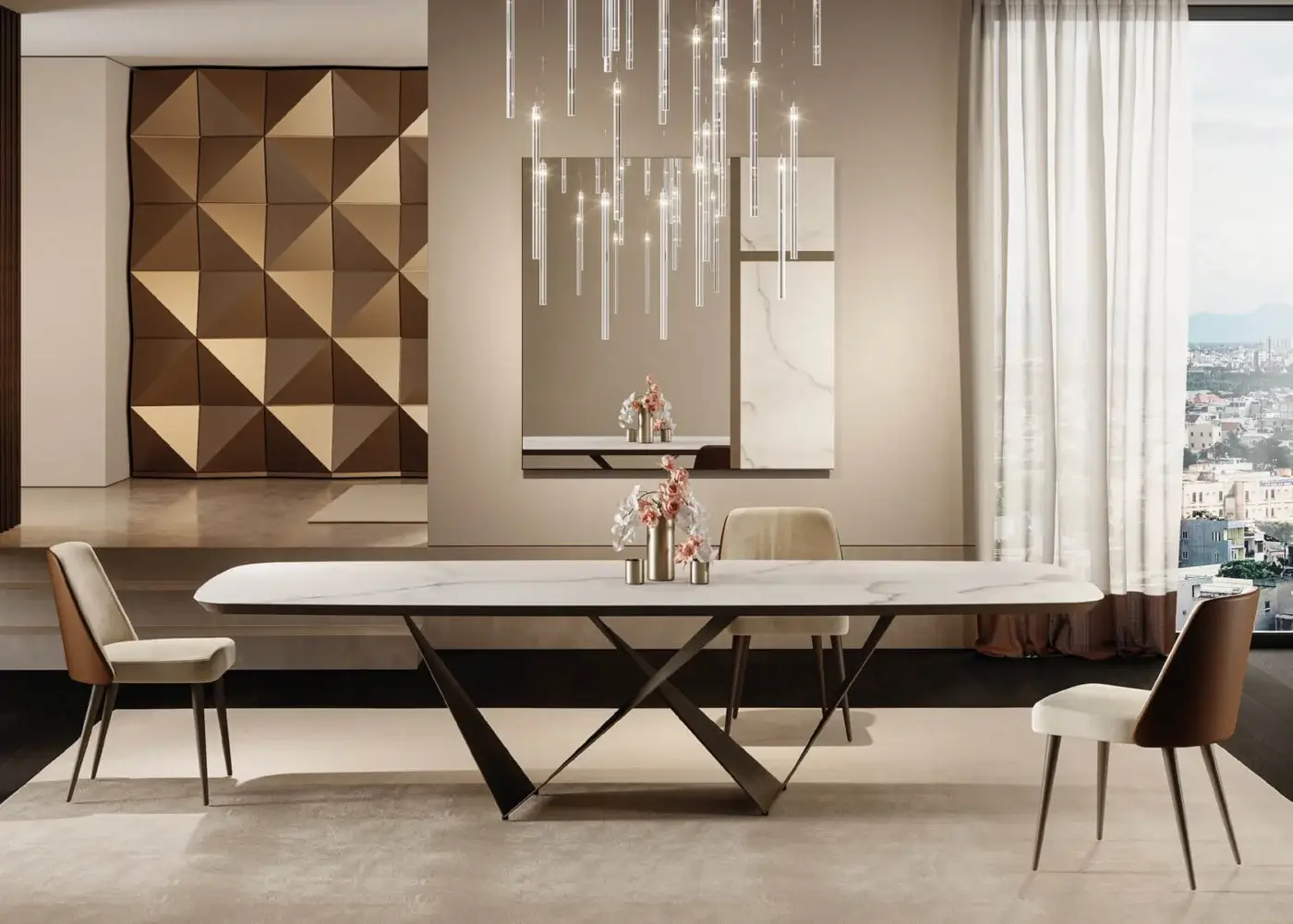Elegant Reflex Prisma Steel table with bronze wood and Marmoreflex cover, built with intersecting dark matte metal elements