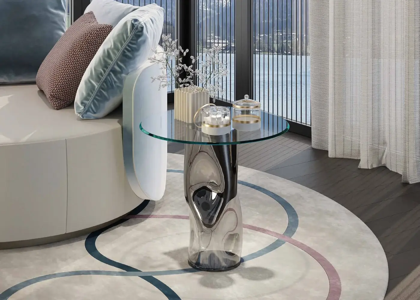 Captivating Reflex Dandolo side table with sculpted transparent grey Murano glass base and clear glass top
