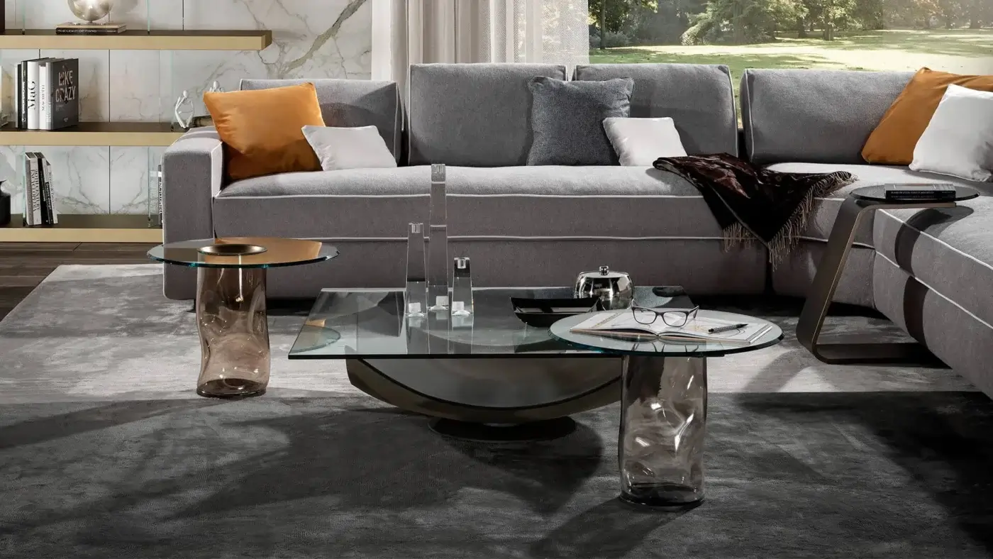 Distinguished Reflex Dandolo side table with transparent tobacco Murano glass base and metallic toned glass top