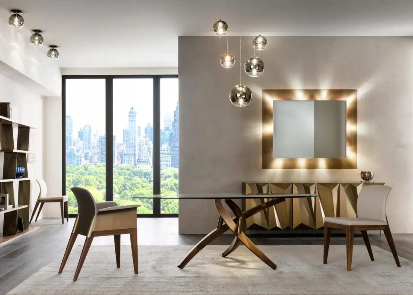 Captivating Reflex Fili D'Erba table with a beveled glass top and base crafted in solid Canaletto Walnut with bronzed brass details