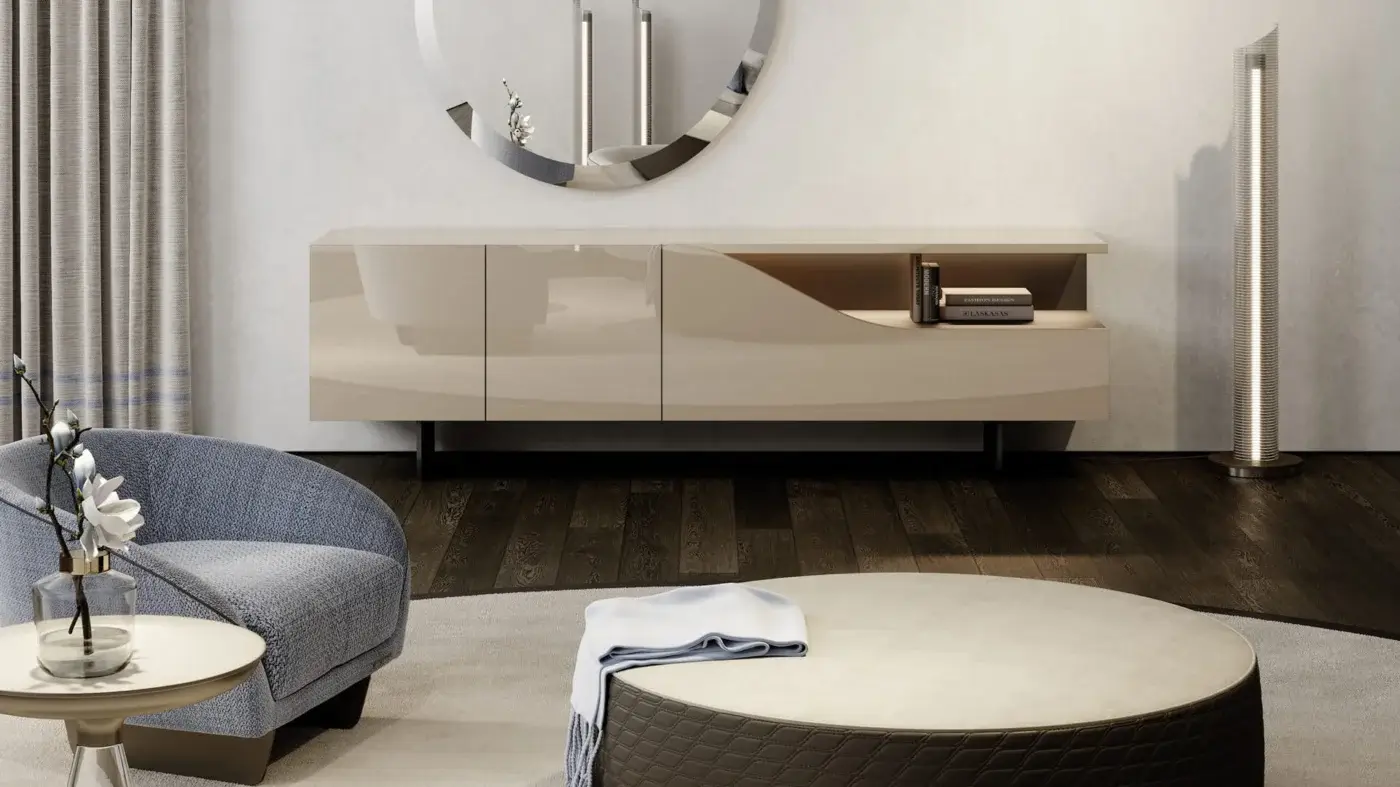 Exceptional Reflex Segno sideboard with light beige lacquered wood and sleek metal legs for concealed display