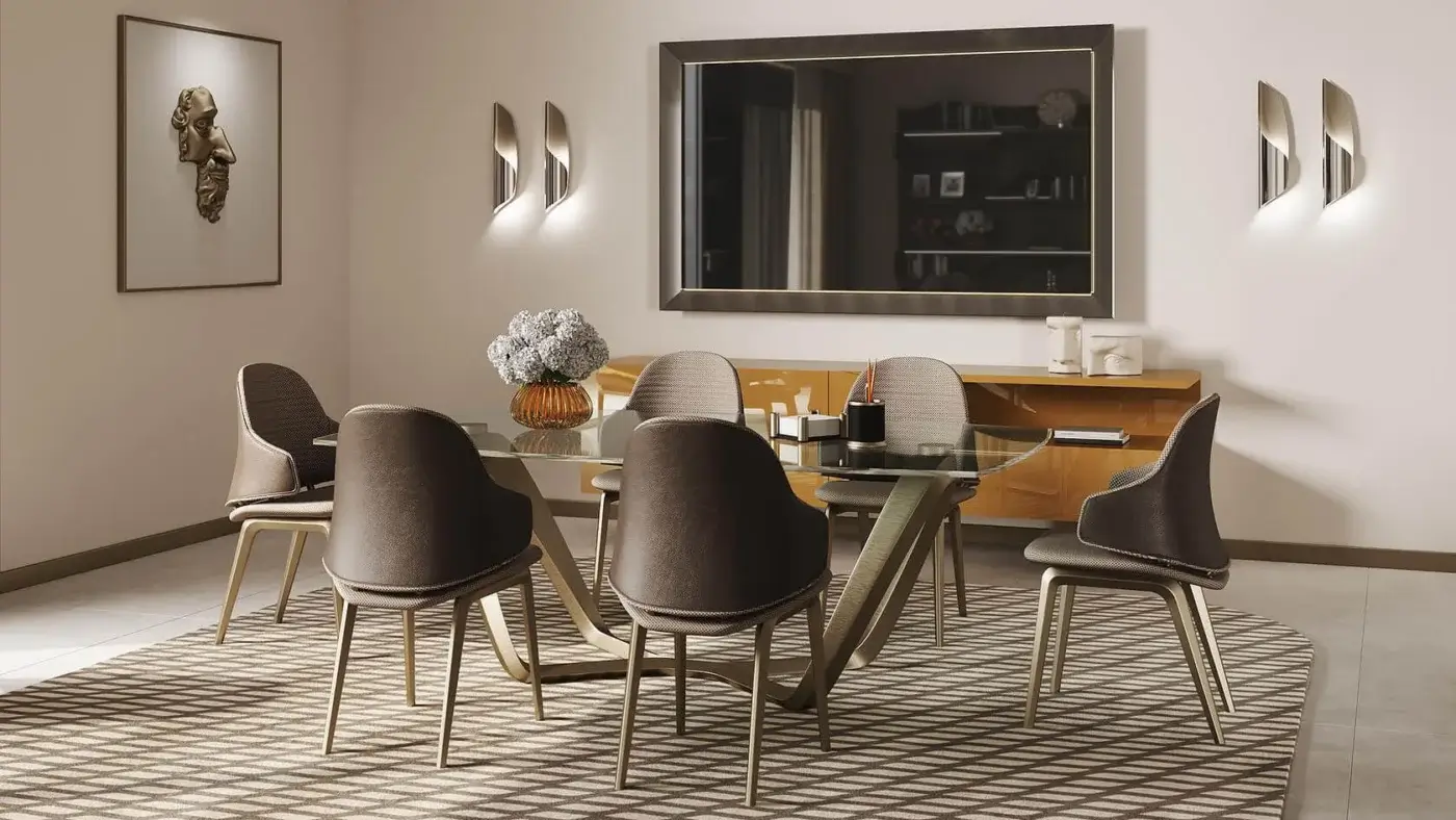 Distinguished Reflex Segno table with transparent tempered glass top and bronze finished composite material base