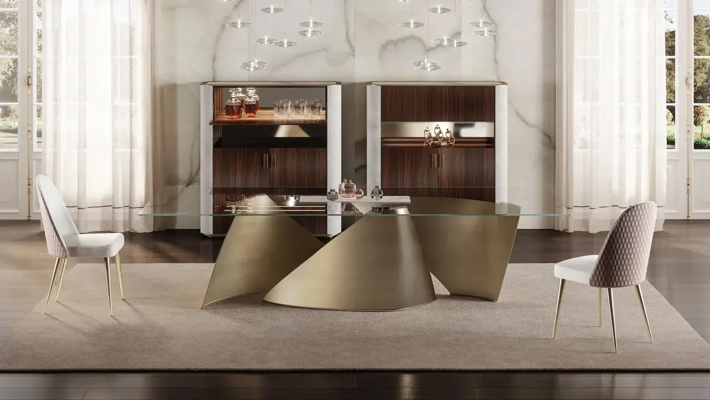 Superior Reflex Vele table with rectangular tempered glass and converging golden-toned brass legs
