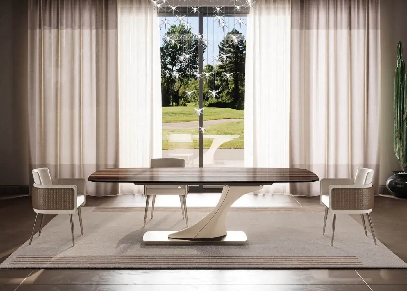 Distinguished Reflex Archimede table with a square-round Wood glass top and sculptural leg crafted in luxury Naturale leather with a satin metal plinth