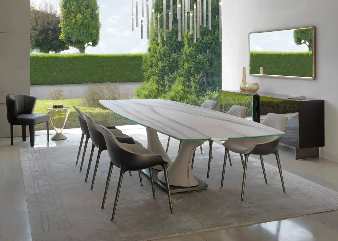 Distinguished Reflex Archimede table crafted with Marble glass in white and gray, supported by an off-white pedestal and satin dark metal plinth